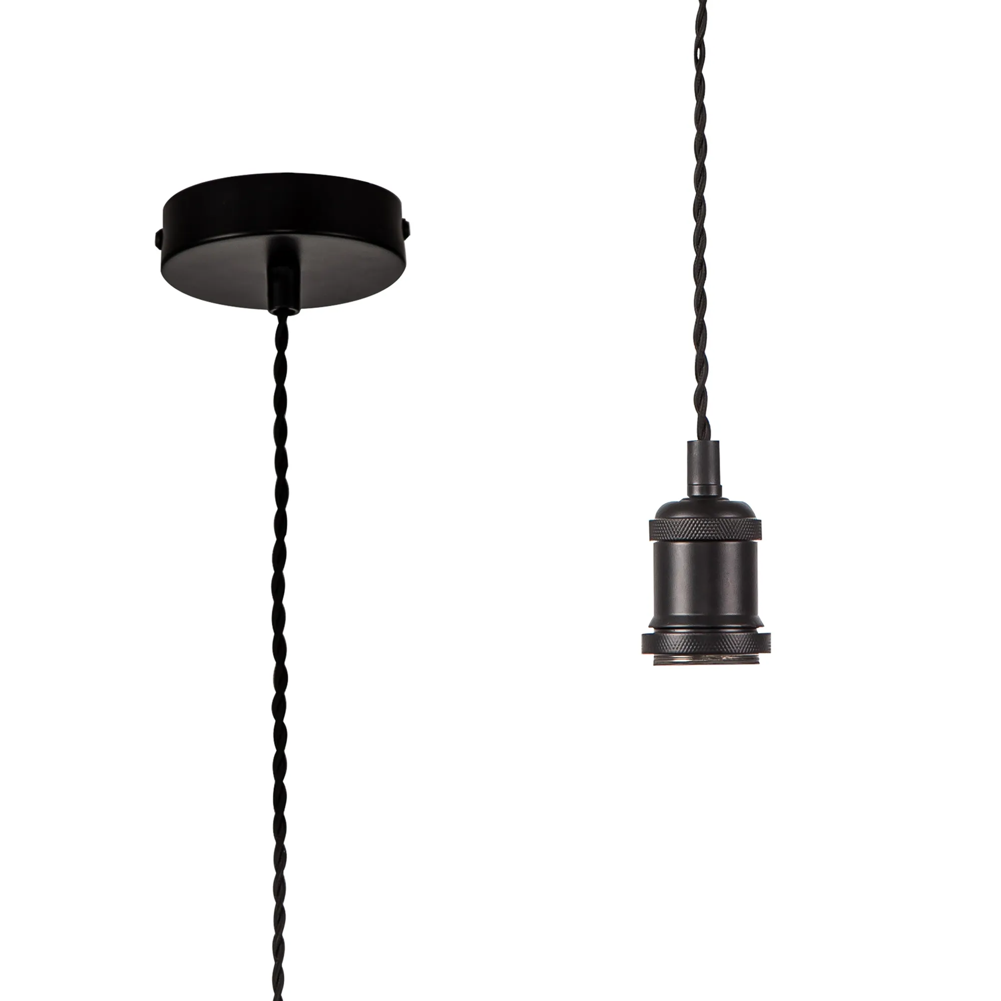 D0627  Dreifa 1.5m Single Pendant, 1 x E27, Matt Black/Black Twisted Cable (Maximum Load 1.5kg)